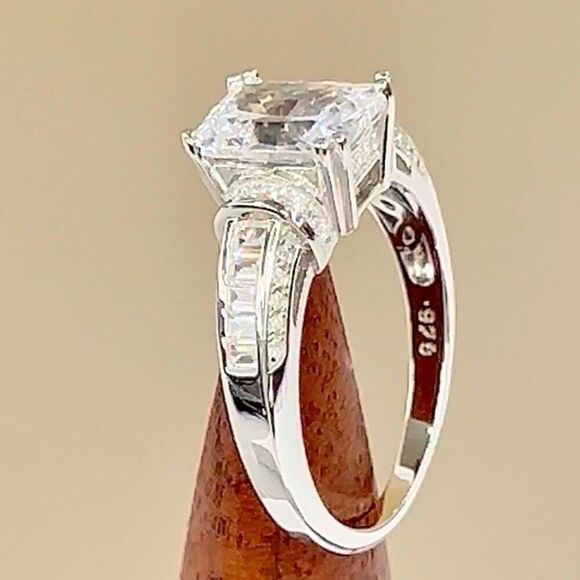 Sterling Silver Clear Emerald Cut CZ Ring New - Picture 9 of 13